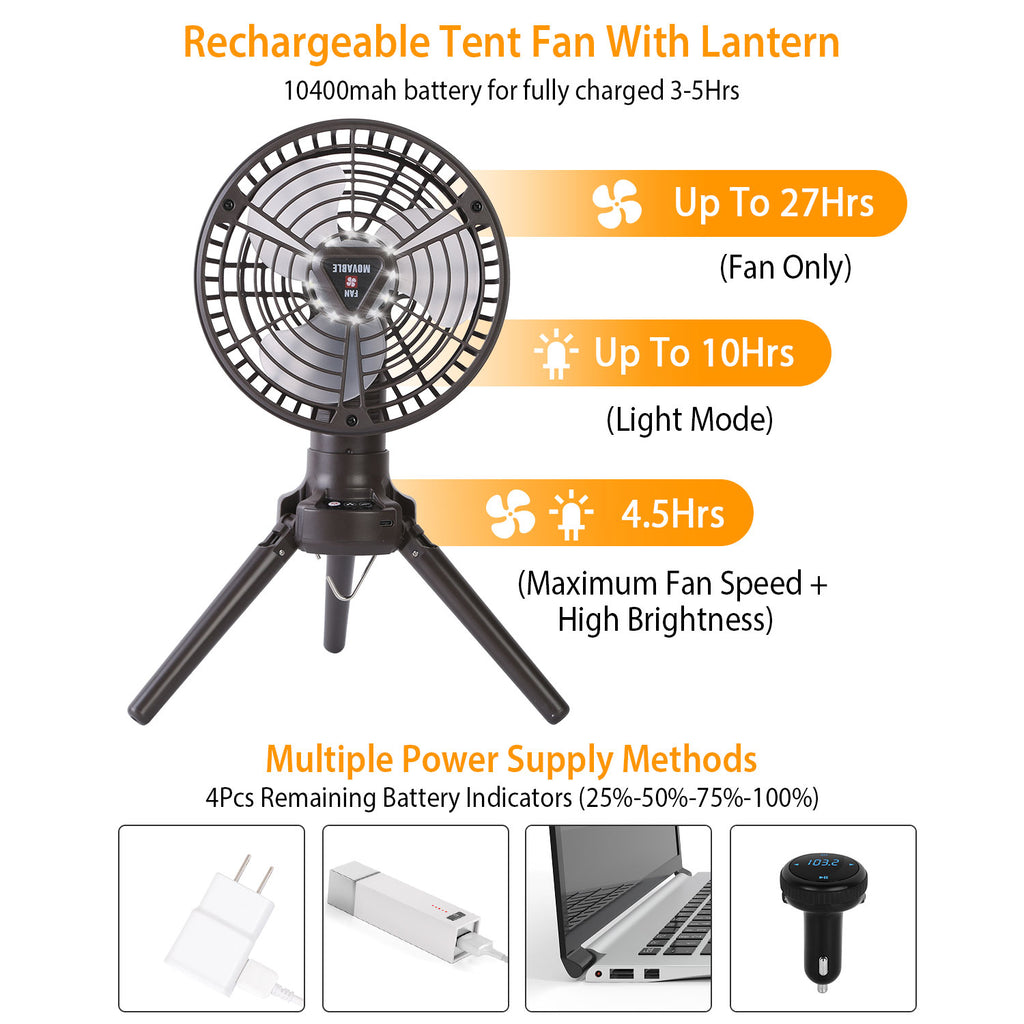 1Pc 10400mah Portable Camping Fan With LED Light Rechargeable Tripod Tent Hanging Fan Lantern Portable Foldable Oscillating Table Fan With 3 Brightness 4 Speeds