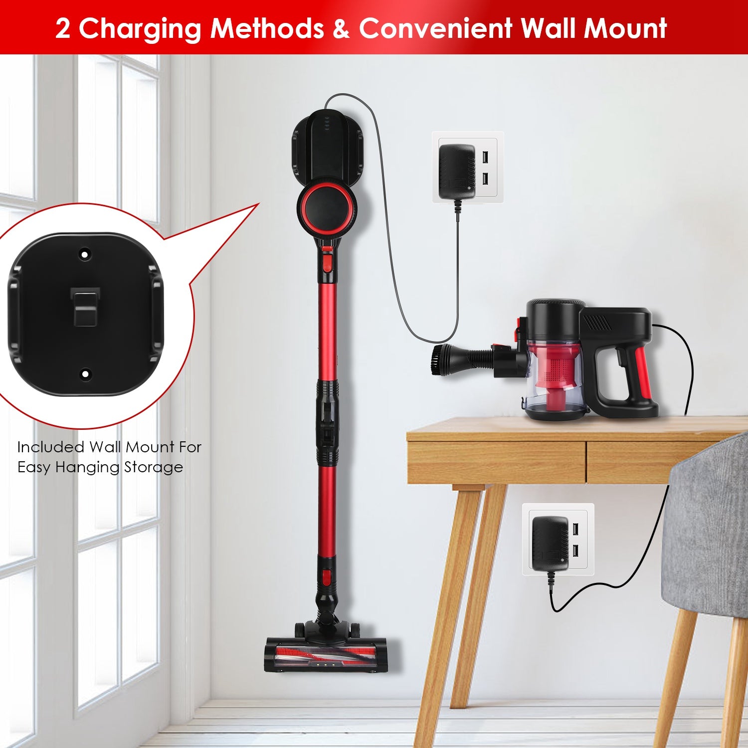 Cordless Vacuum Cleaner Lightweight Handheld Vacuum Upright Stick Floor Vacuum Battery Powered Mop With Lighting 2 Speeds 12000PA Suction 4 Tools Mount Bracket 180 Degree Foldable