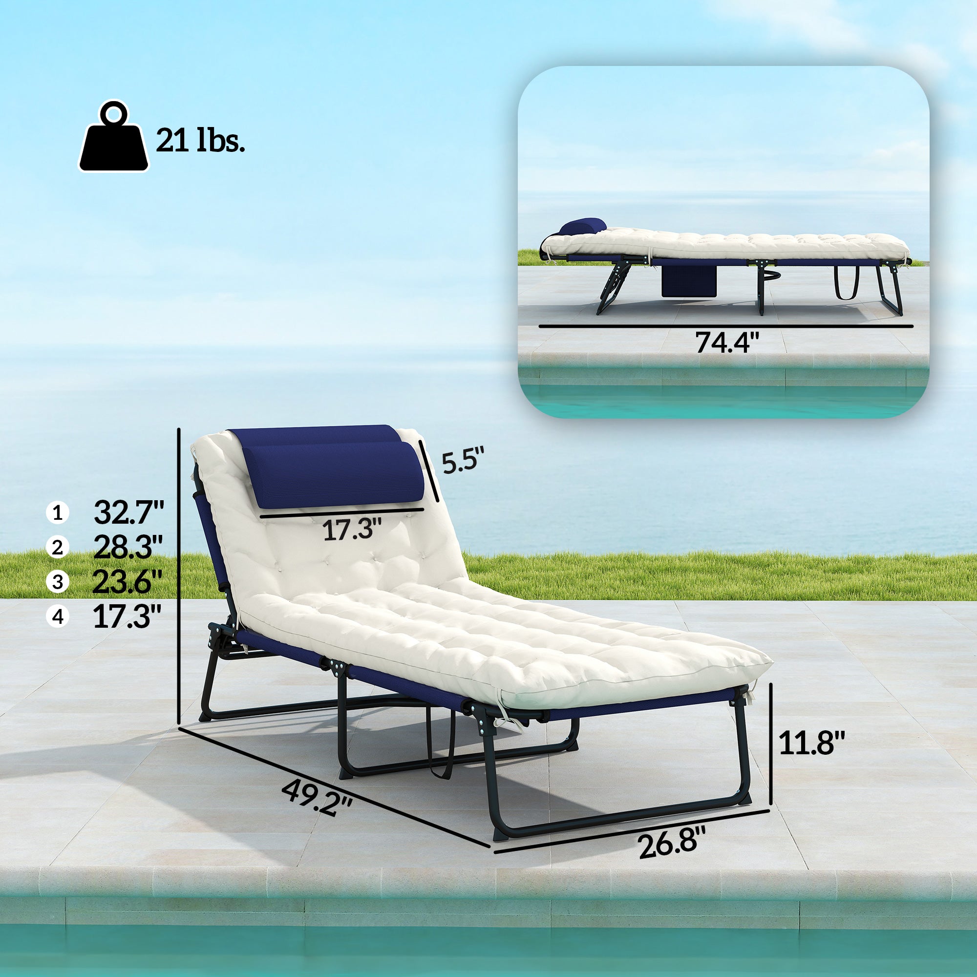 Folding Chaise Lounge Pool Chair With 4-level Reclining Back, Cushion, Side Pocket, Headrest, Navy Blue