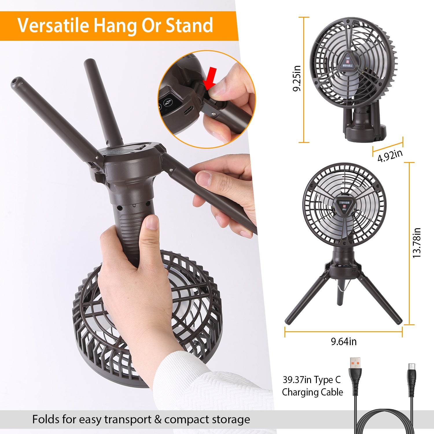 1Pc 10400mah Portable Camping Fan With LED Light Rechargeable Tripod Tent Hanging Fan Lantern Portable Foldable Oscillating Table Fan With 3 Brightness 4 Speeds