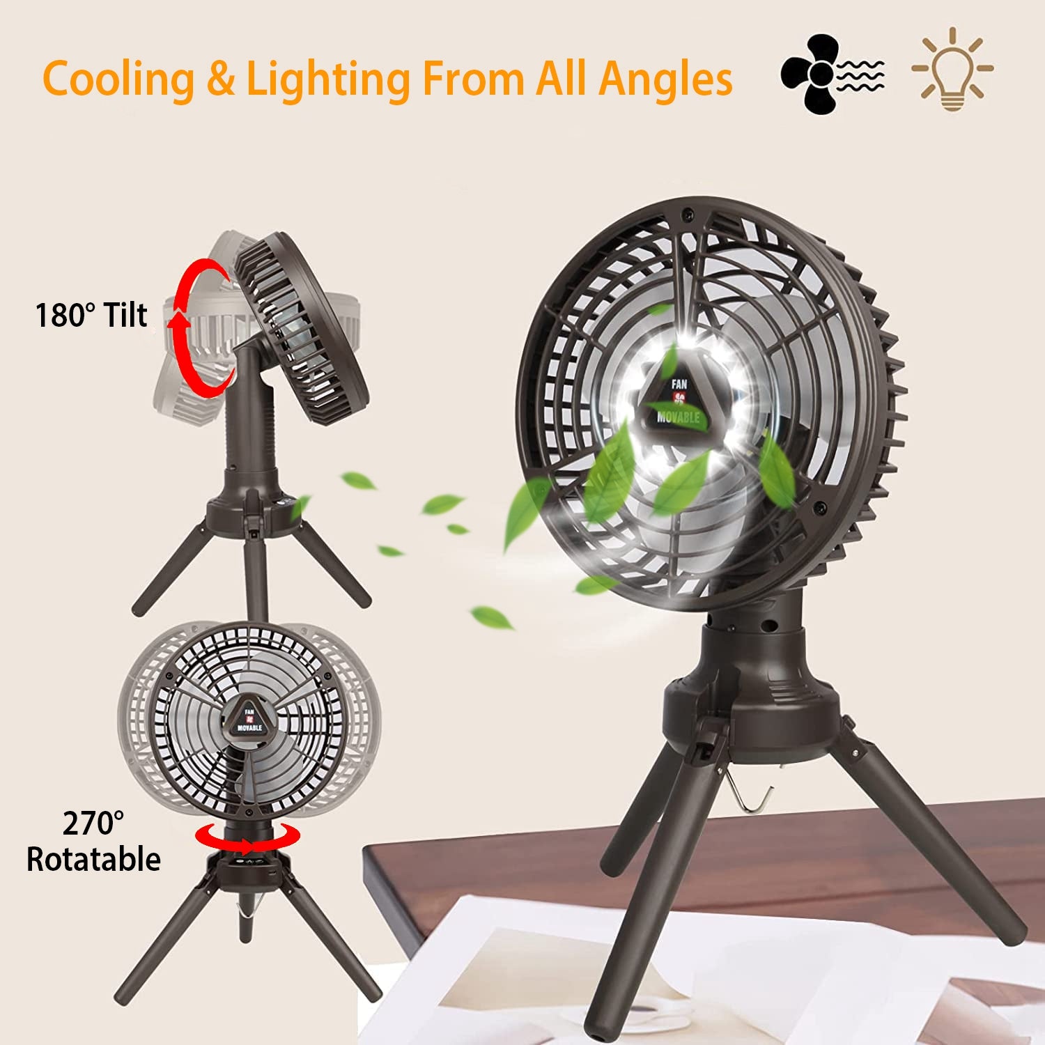 1Pc 10400mah Portable Camping Fan With LED Light Rechargeable Tripod Tent Hanging Fan Lantern Portable Foldable Oscillating Table Fan With 3 Brightness 4 Speeds