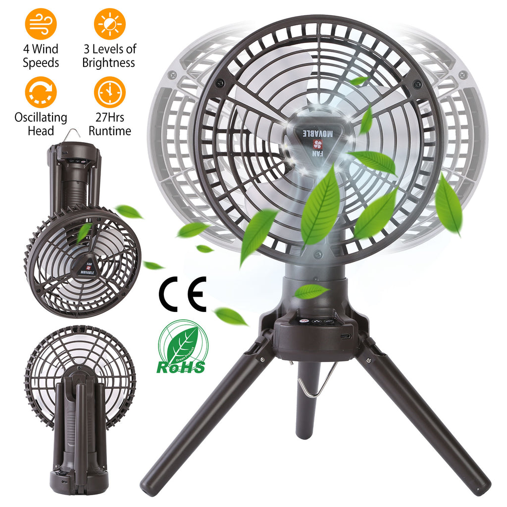1Pc 10400mah Portable Camping Fan With LED Light Rechargeable Tripod Tent Hanging Fan Lantern Portable Foldable Oscillating Table Fan With 3 Brightness 4 Speeds