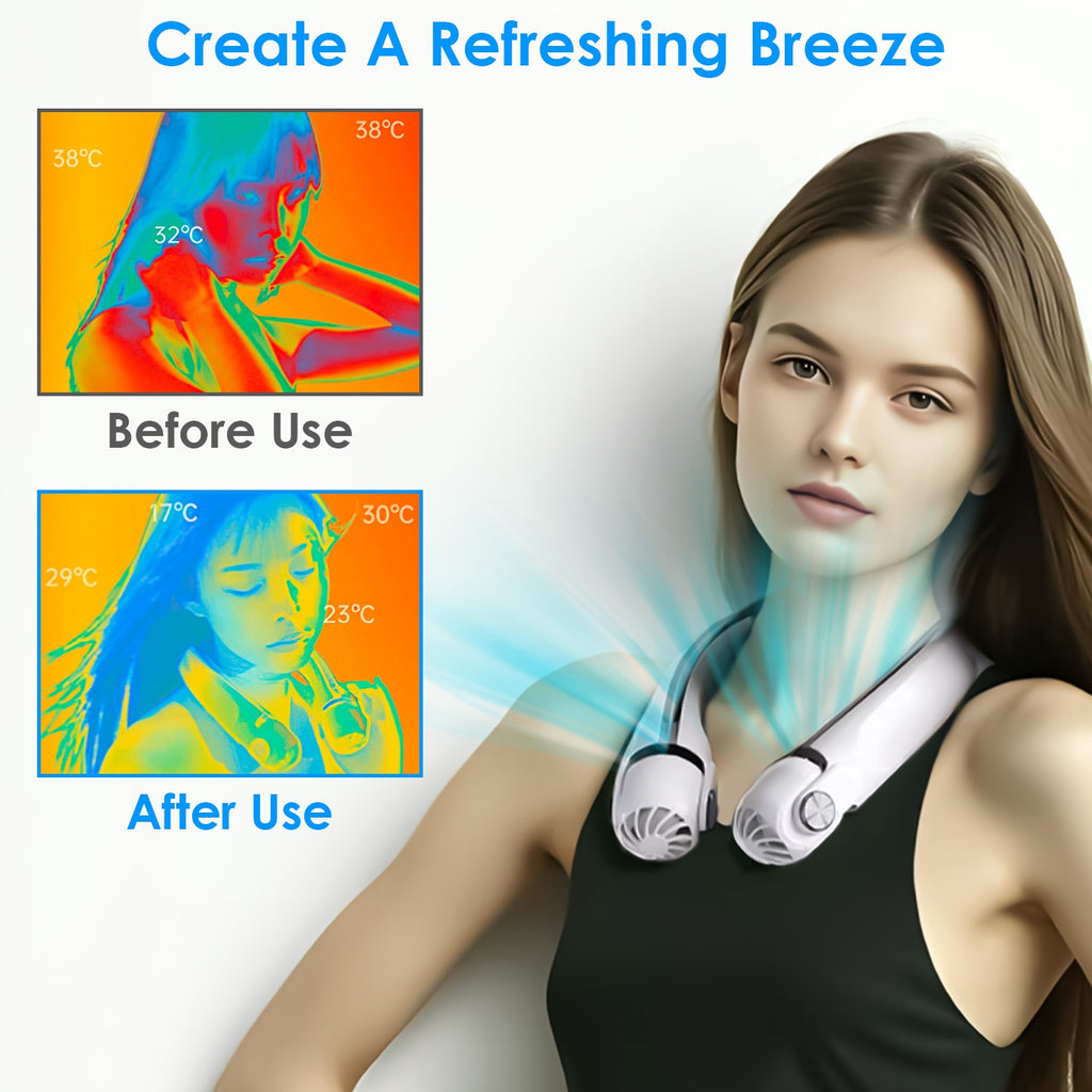 White-Green Options -- 1Pc Portable Neck Hanging Fan Hands-free Cooling Personal Fan With 3 Speeds 360 Degree Air Flow Adjustable Neck Width For Home Office Travel Dormitory