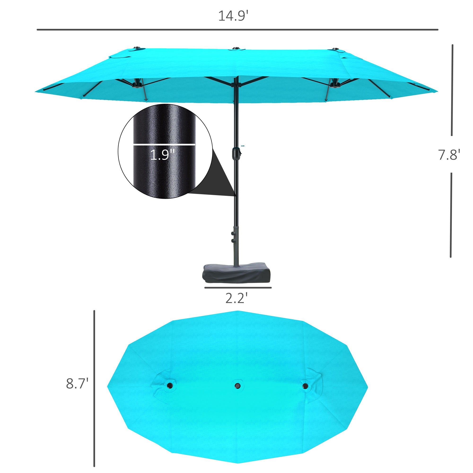 Patio Umbrella, 15 Steel Rectangular Outdoor Double Sided Market Umbrella With Base, Sun Protection & Easy Crank, Blue