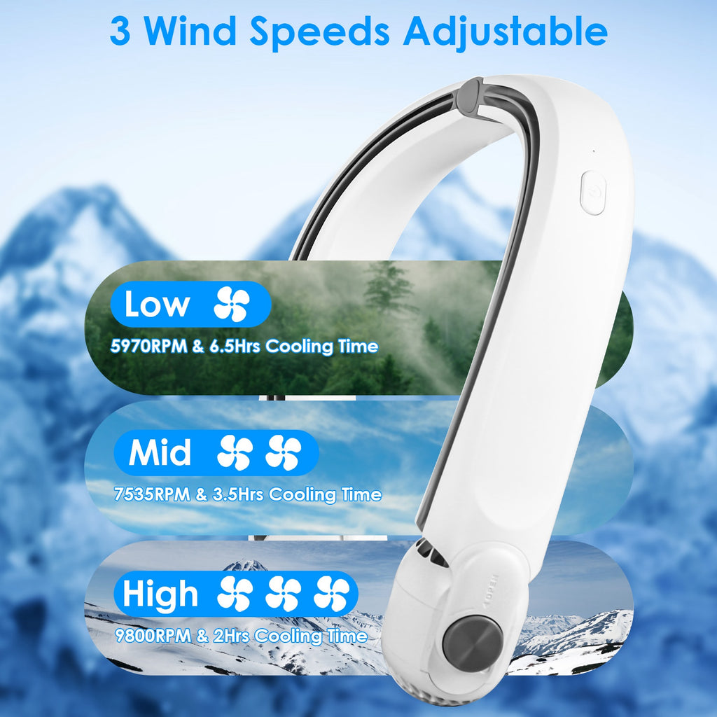 White-Green Options -- 1Pc Portable Neck Hanging Fan Hands-free Cooling Personal Fan With 3 Speeds 360 Degree Air Flow Adjustable Neck Width For Home Office Travel Dormitory